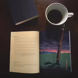an open book with a pen on it sitting on a desk next to a coffee cup