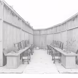 a back courtyard with wooden benches and chairs