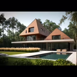 a modern home has large windows overlooking a swimming pool