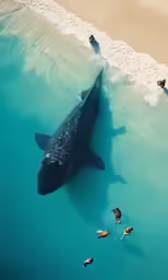 a black whale and two other animals swimming in the ocean