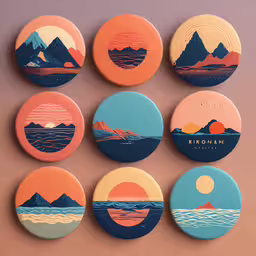 six colorful buttons featuring mountains and sea,nine round buttons with various images of mountains