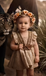 a young girl dressed in brown and gold with an animal on her head