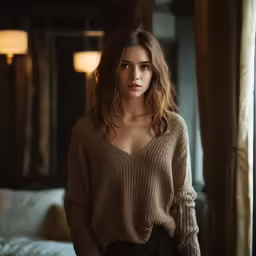 a beautiful young woman standing near a window