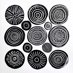 many black and white drawings on white paper,various circular circles on a white background