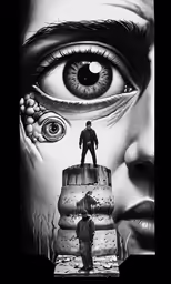a man looking at an eye with a monster inside of it