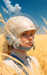 a woman standing in a wheat field wearing a helmet
