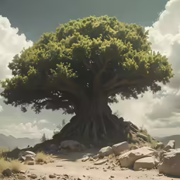 a tree is surrounded by big rocks and gravel