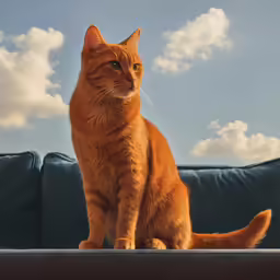 an orange cat sitting on the couch staring