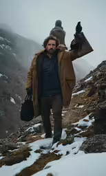 a man with a beard wearing a jacket carrying something in his hands