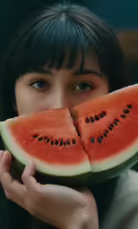 a woman holding onto one side of a piece of watermelon