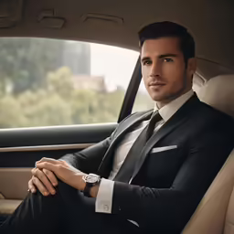 a man in a suit sitting in the passenger seat