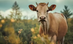a brown cow looks directly into the camera