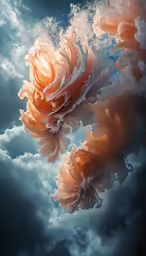 an artistic photograph of two colorful flowers against a sky with clouds