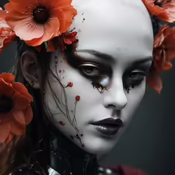 a woman in black makeup and flowers is wearing a white mask