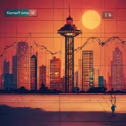 illustration depicting an amusement tower in the middle of a city,the man stands in front of an artistic photo of a city