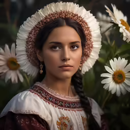 a woman wearing a white wreathed flowery hat