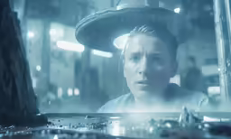 a girl stares intently at the camera in a futuristic environment