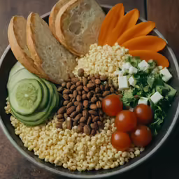 a close up of a bowl with bread, vegetables and other things