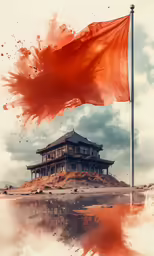 a red flag on a hill by a house