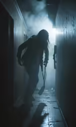 a person is walking down an elevator in the dark