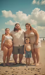 three people with two small children are on the beach