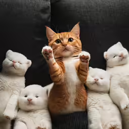 a small orange cat reaching to touch its paws