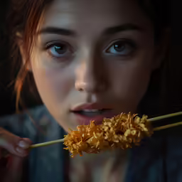 a woman with a straw on her face and food on her fork