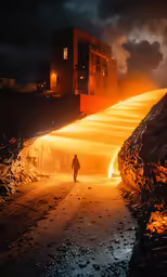 a man is walking through the dark night