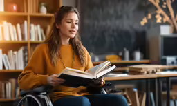 a woman sitting in a wheel chair reading a book