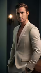 a man in a suit standing up with his hands on his hips