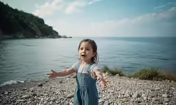 a little girl holding out her hands as she runs towards a body of water