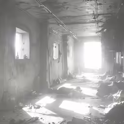 the light shines through two windows in an abandoned building