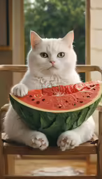 cat sitting on a chair with a slice of watermelon in front of him
