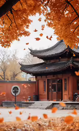 the pagoda building is surrounded by leaves falling on the ground