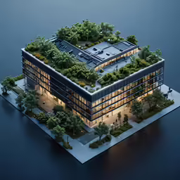 this very large building with green roof is built into the water