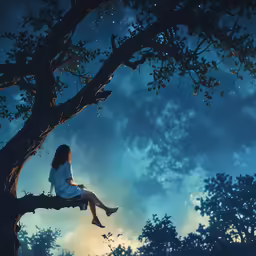 woman on a tree branch as stars are falling in the sky