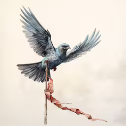 a bird sits on top of a pole next to the ground,a blue bird on top of a pole with its wings open