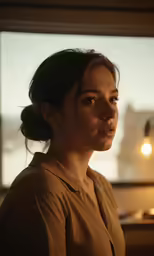 a woman in a brown shirt looking out the window