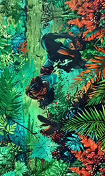 a jungle scene with monkeys, green and red