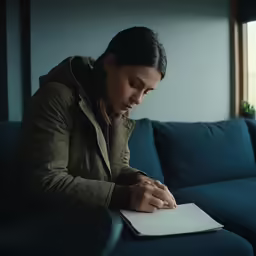 a person sitting on a couch and writing on paper