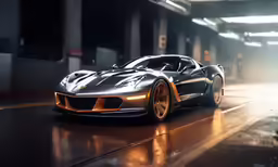 an orange sports car driving down a street