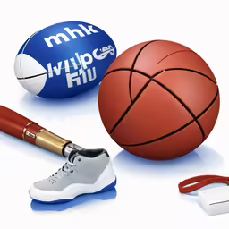 various sports objects are shown with pens and an ink bottle