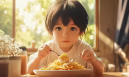 a young girl eating pasta with a spoon