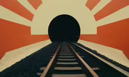 an orange and white striped tunnel on the train tracks