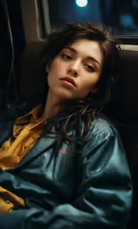 the woman is sitting down wearing a green jacket