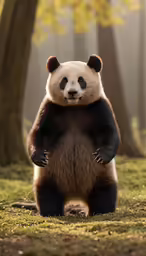 a giant panda bear sits in the middle of a forest