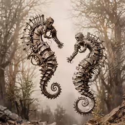 two sculptures that are made from wooden parts