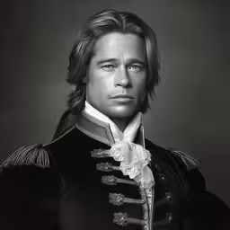 a man with long hair and a uniform looks serious,a man wearing a black coat with a white collar