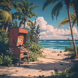 a sandy beach with trees, chairs, and a cooler