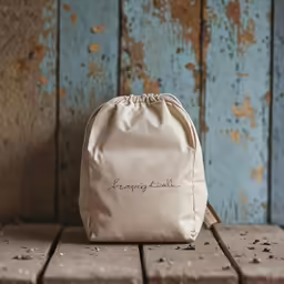 a white backpack with embroidered words sits on the ground